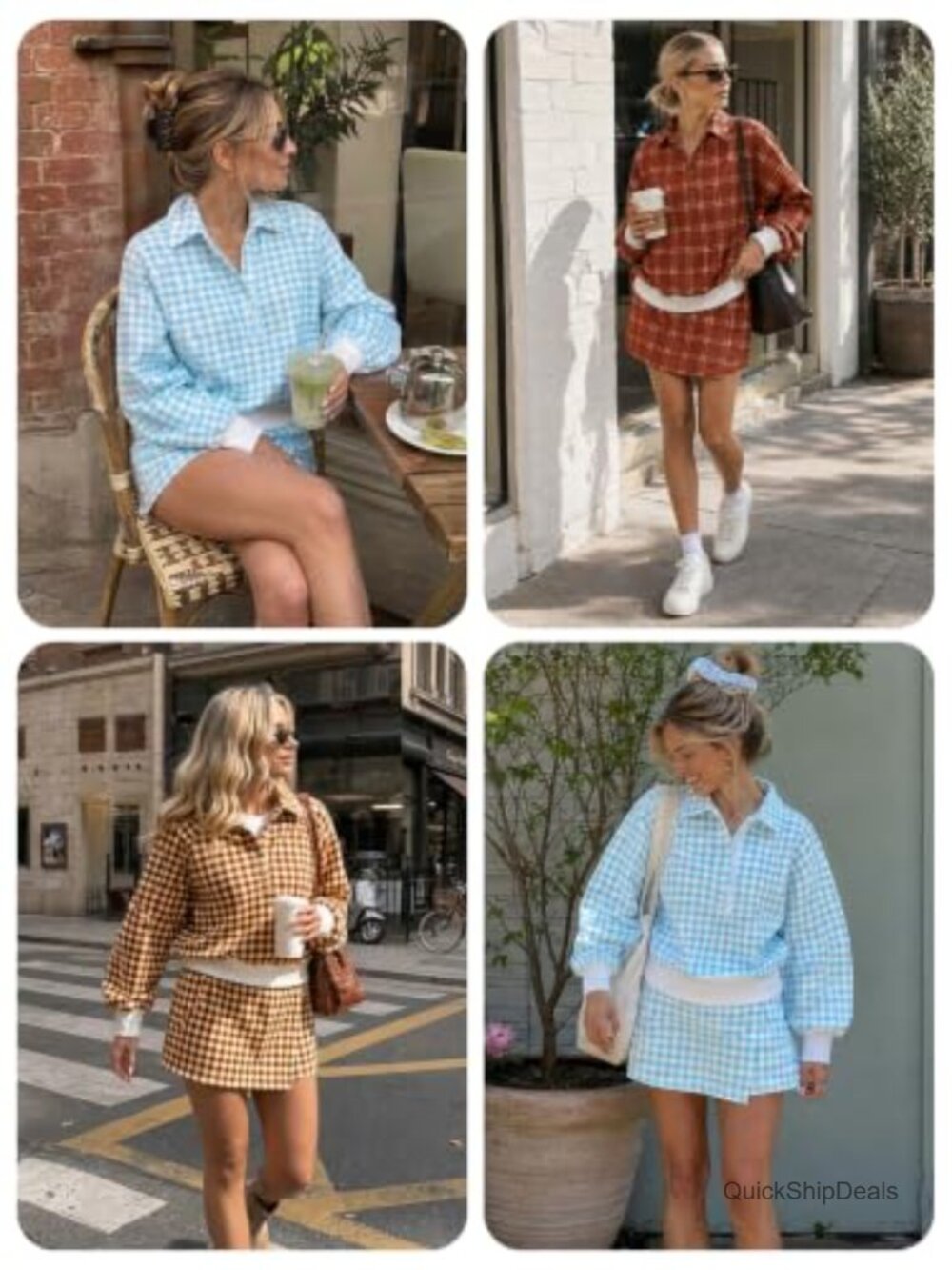 Plaid 2 Piece Skirt Set Balloon Sleeve Polo Mini Polyester Blend - Picture 5 of 6